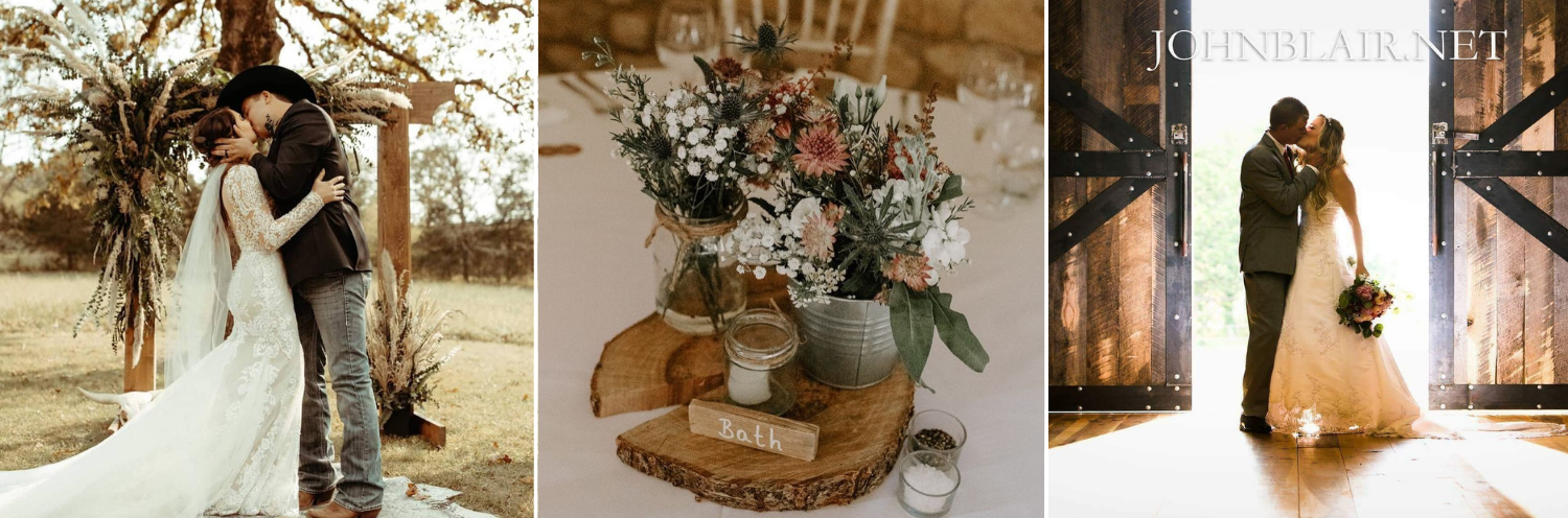 two newly weds kissing and a wedding table centerpiece 