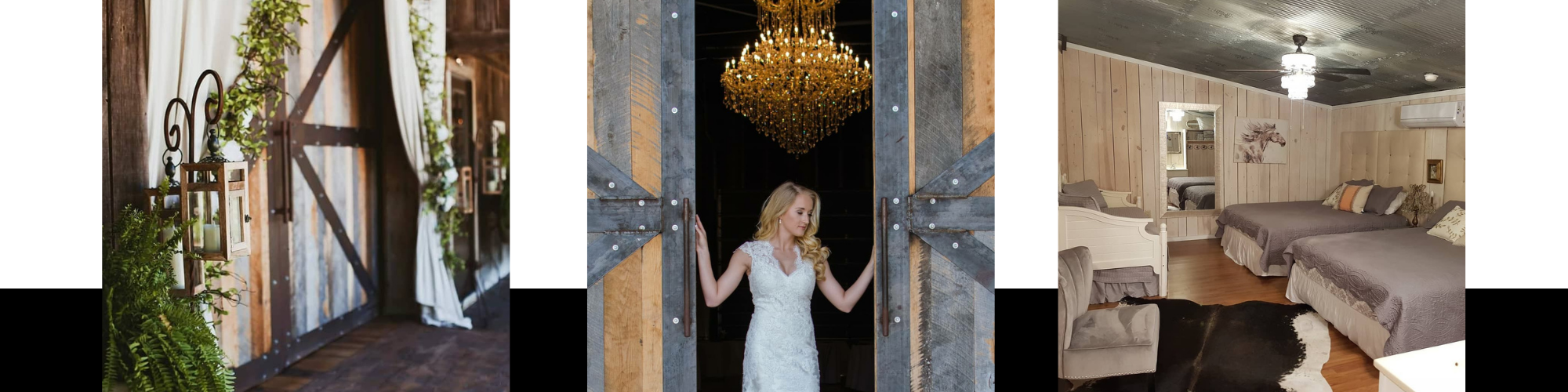 collage of venue highlights including barn door and bridal suite 